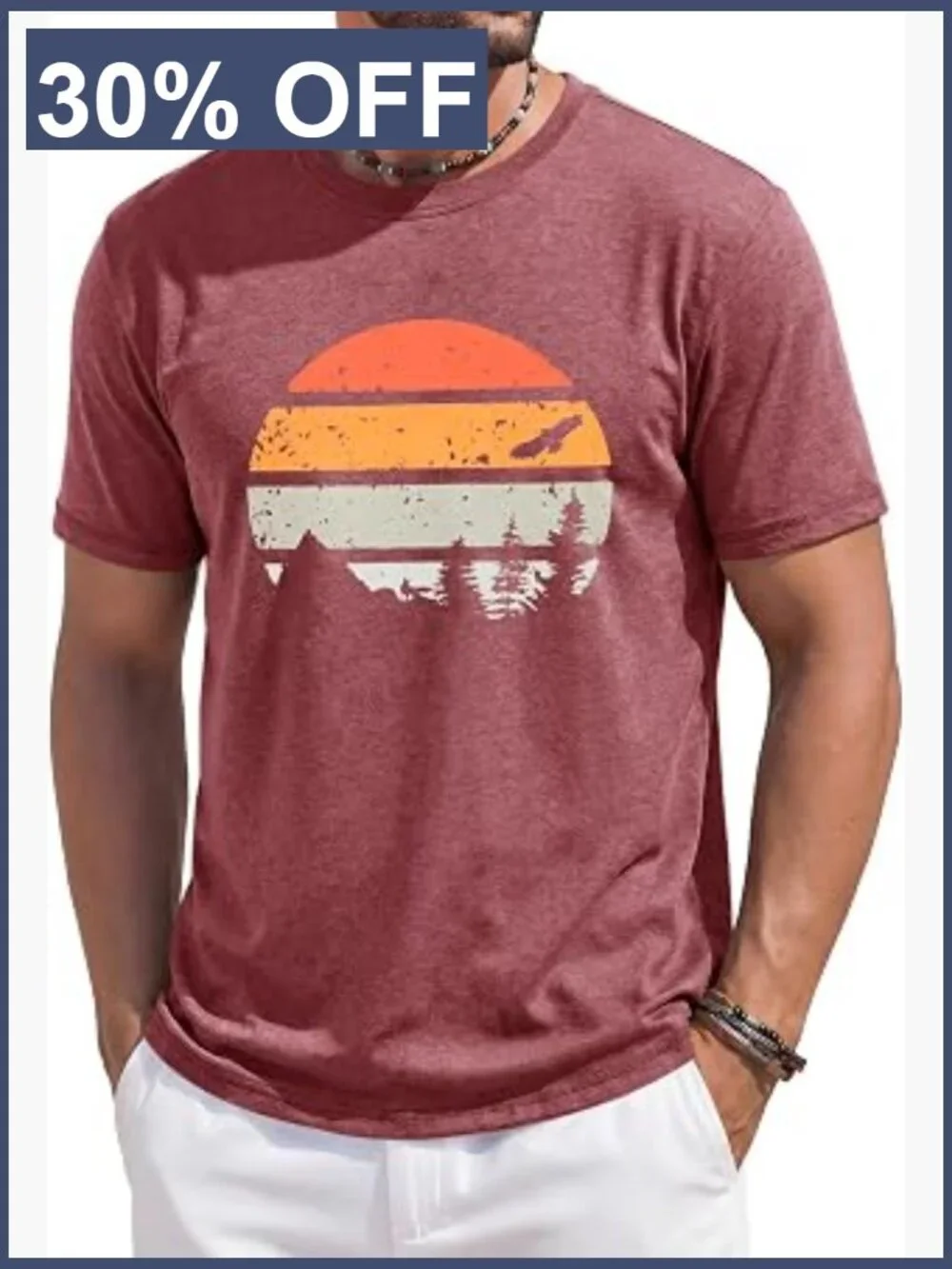 Mens Short Sleeve Graphic Tee Casual Crew Neck Summer Beach Top Vintage Sunset